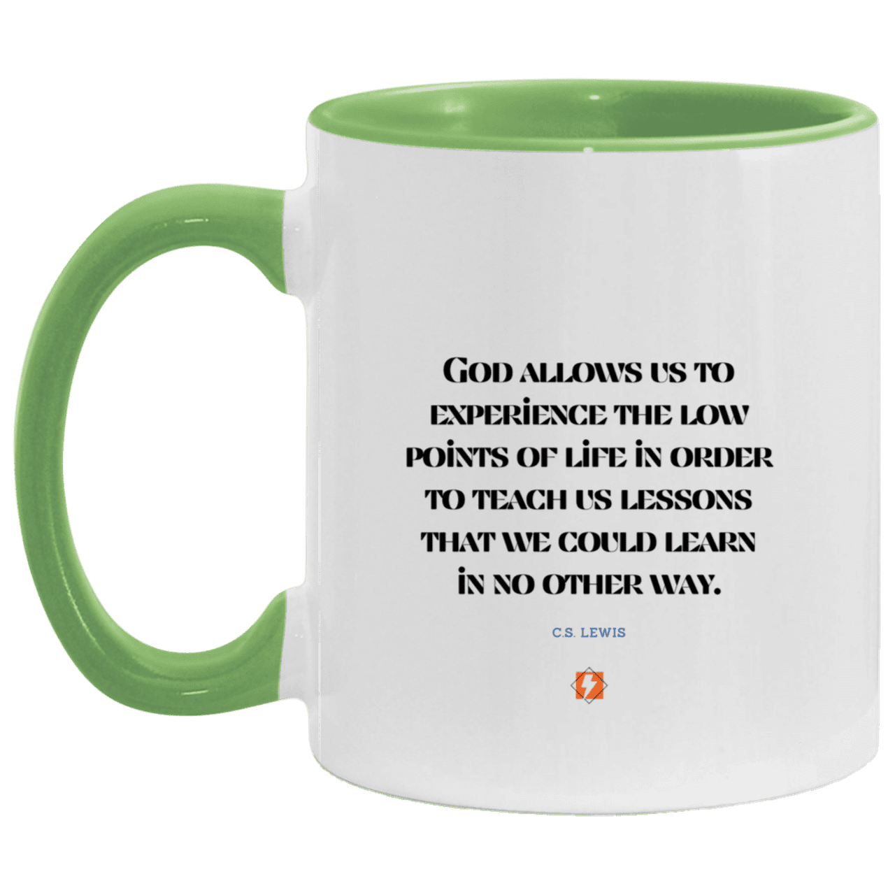 Ceramic Standard Mug 11oz with inspiring Lewis quote: CS105 - Lowpoints are lessons - Color: White/Light Green