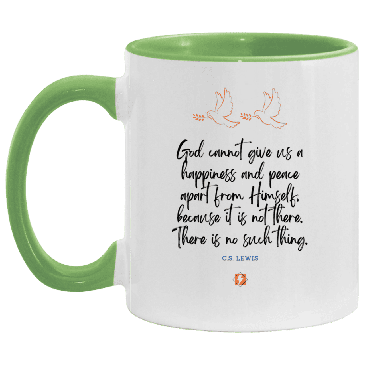 Ceramic Standard Mug 11oz with inspiring Lewis quote: CS106 - No peace apart from God - Color: White/Light Green