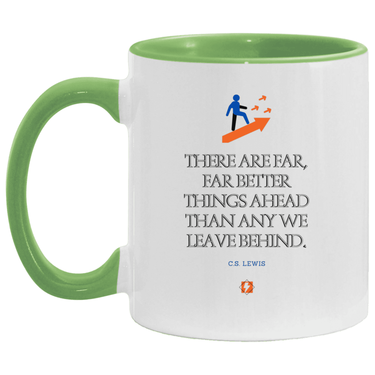 Ceramic Standard Mug 11oz with inspiring Lewis quote: CS115 - Better things ahead than behind - Color: White/Light Green Navy