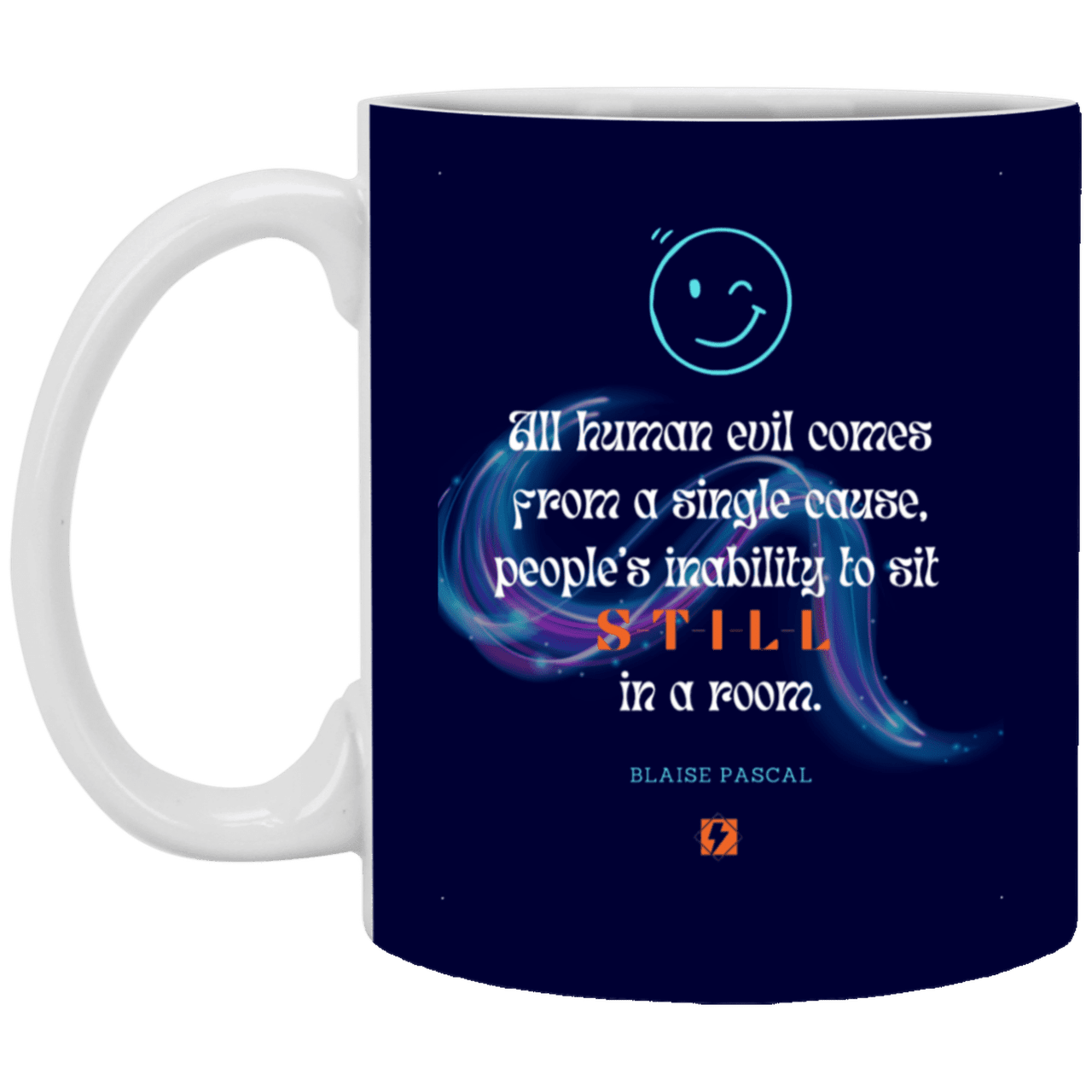 Ceramic Standard Mug 11oz with inspiring Pascal quote: BP101 - Importance of keeping still - Color: Navy