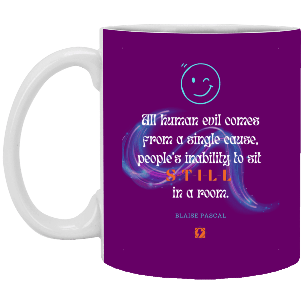 Ceramic Standard Mug 11oz with inspiring Pascal quote: BP101 - Importance of keeping still - Color: Purple