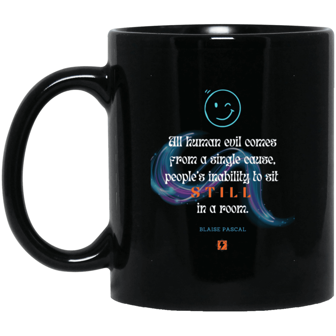 Ceramic Standard Mug 11oz with inspiring Pascal quote: BP101 - Importance of keeping still - Color: Plain Black