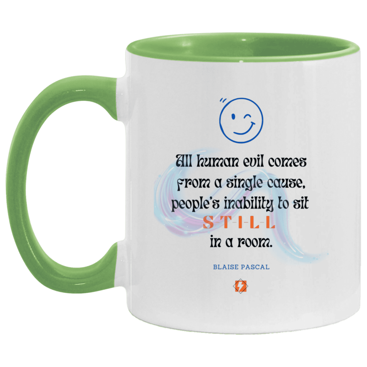 Ceramic Standard Mug 11oz with inspiring Pascal quote: BP101 - Importance of keeping still - Color: White/Light Green