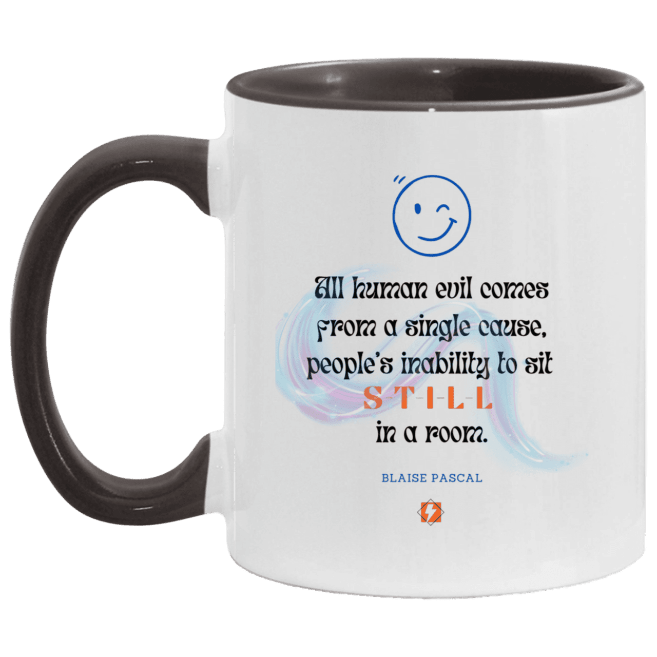 Ceramic Standard Mug 11oz with inspiring Pascal quote: BP101 - Importance of keeping still - Color: White/Black