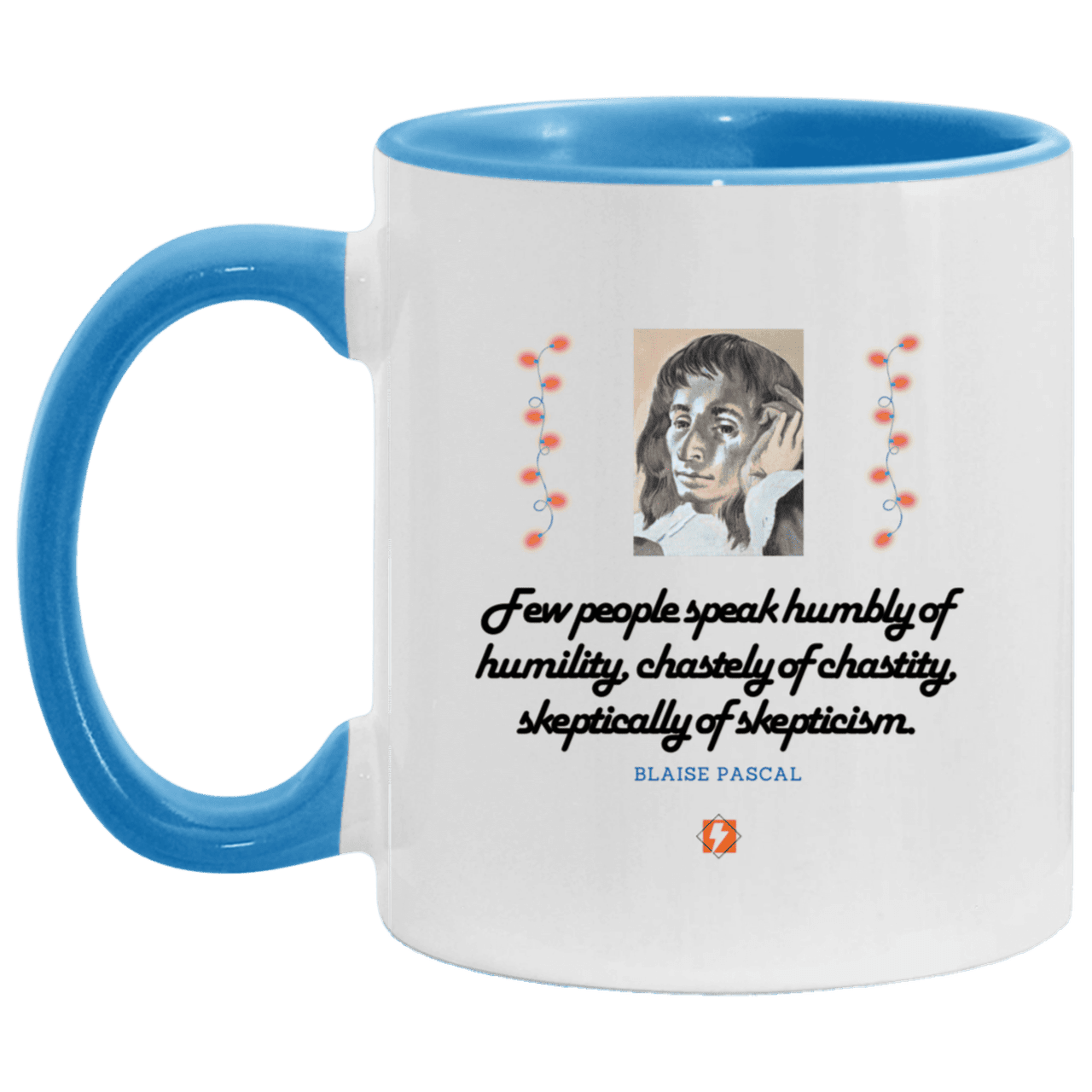 Ceramic Standard Mug 11oz with inspiring Pascal quote: BP102 - Self-awareness is a societal lack - Color: White/Light Blue