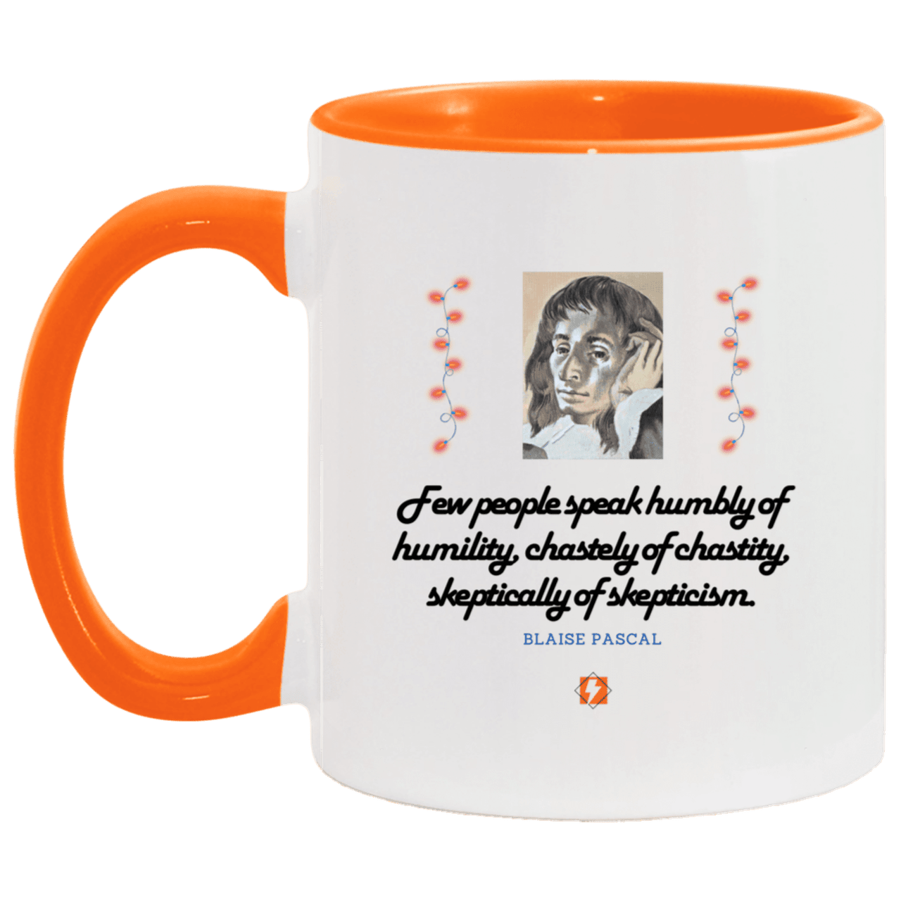 Ceramic Standard Mug 11oz with inspiring Pascal quote: BP102 - Self-awareness is a societal lack - Color: White/Orange