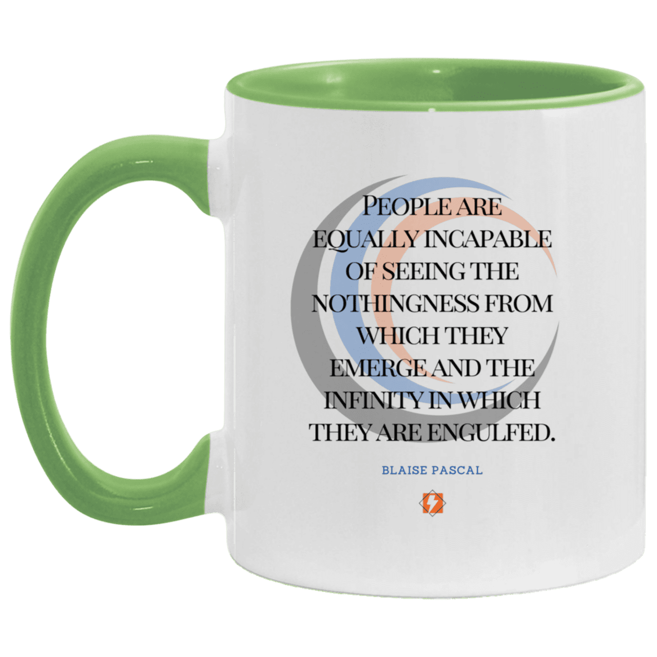 Ceramic Standard Mug 11oz with inspiring Pascal quote: BP107 - One cannot square up nothingness and infinity - Color: White/Light Green