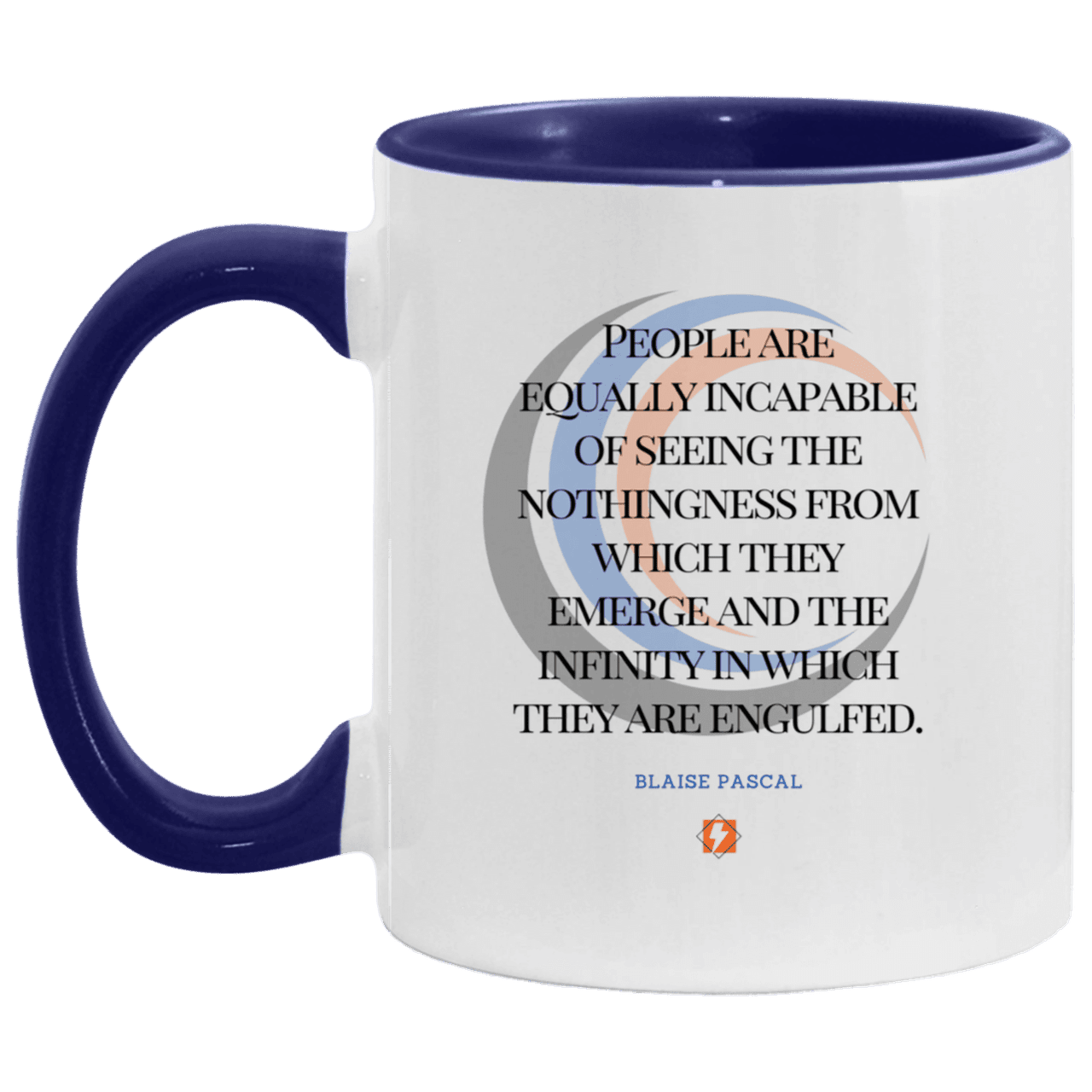 Ceramic Standard Mug 11oz with inspiring Pascal quote: BP107 - One cannot square up nothingness and infinity - Color: White/Midnight Blue