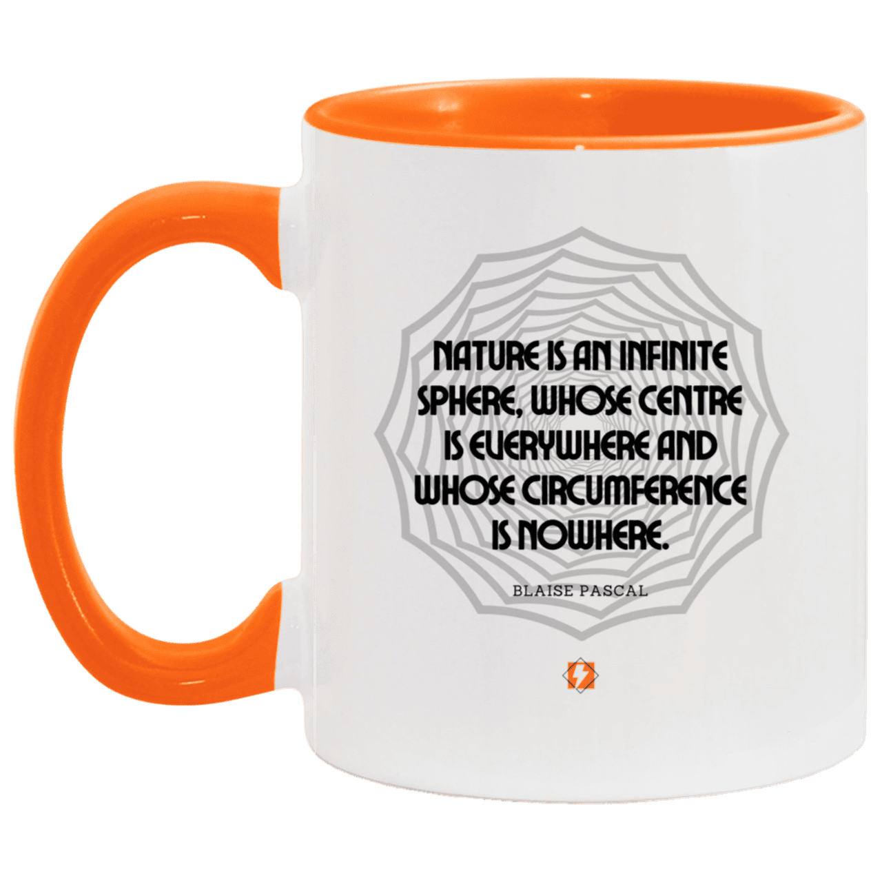 Ceramic Standard Mug 11oz with inspiring Pascal quote: BP108 - Nature is unfathomable - Color: White/Orange