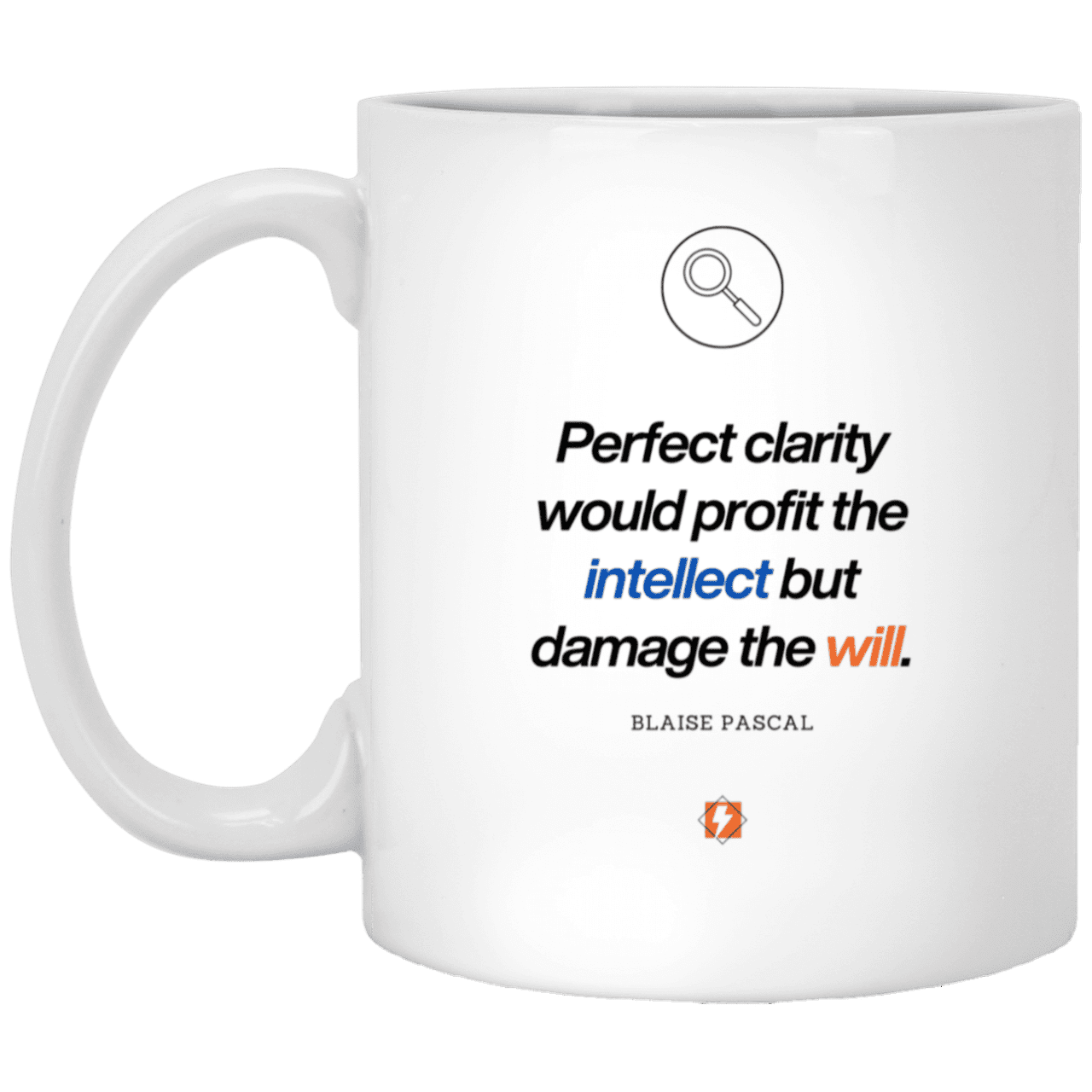 Ceramic Standard Mug 11oz with inspiring Pascal quote: BP109 - Clarity sometimes leads to inaction - Color: Plain White