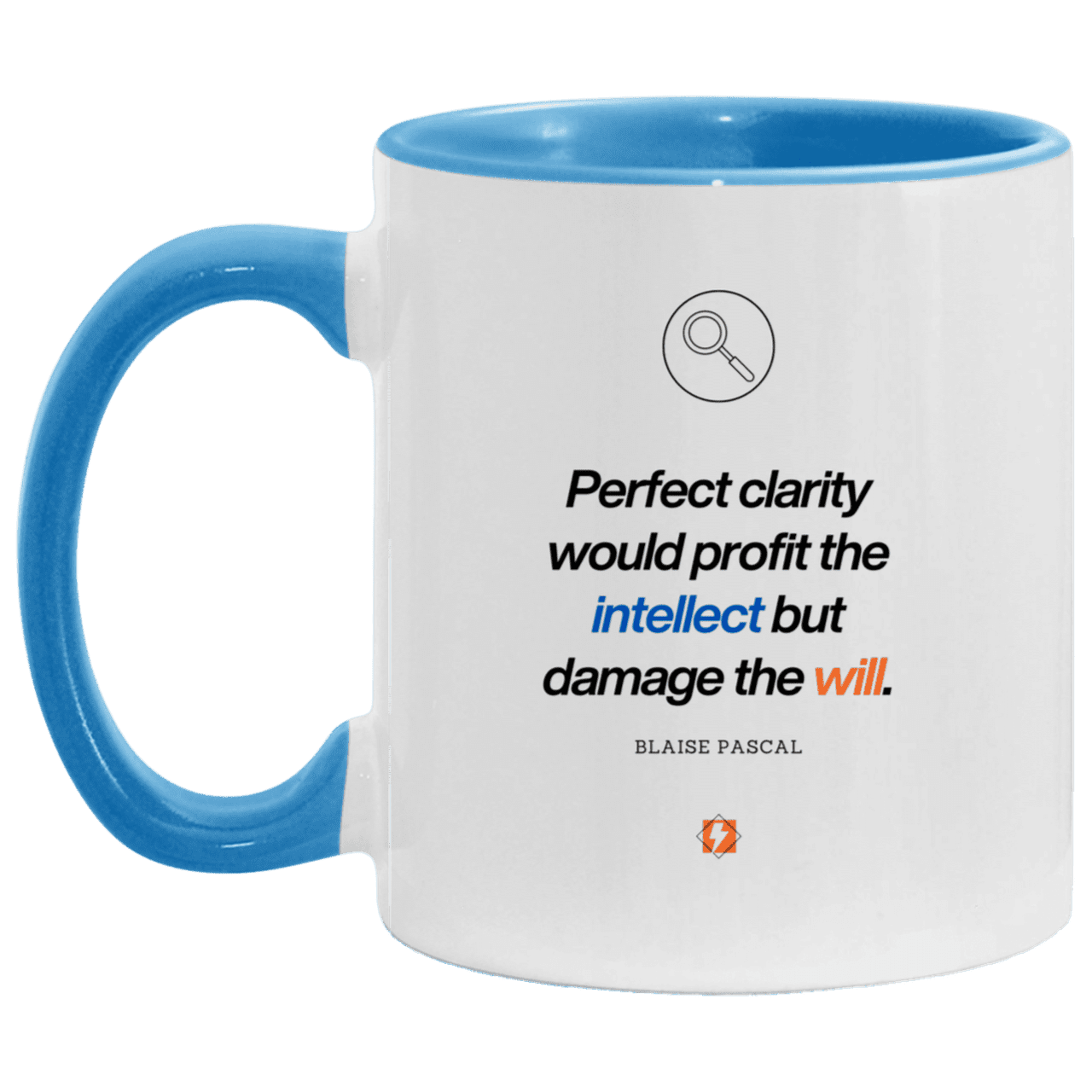 Ceramic Standard Mug 11oz with inspiring Pascal quote: BP109 - Clarity sometimes leads to inaction - Color: White/Light Blue