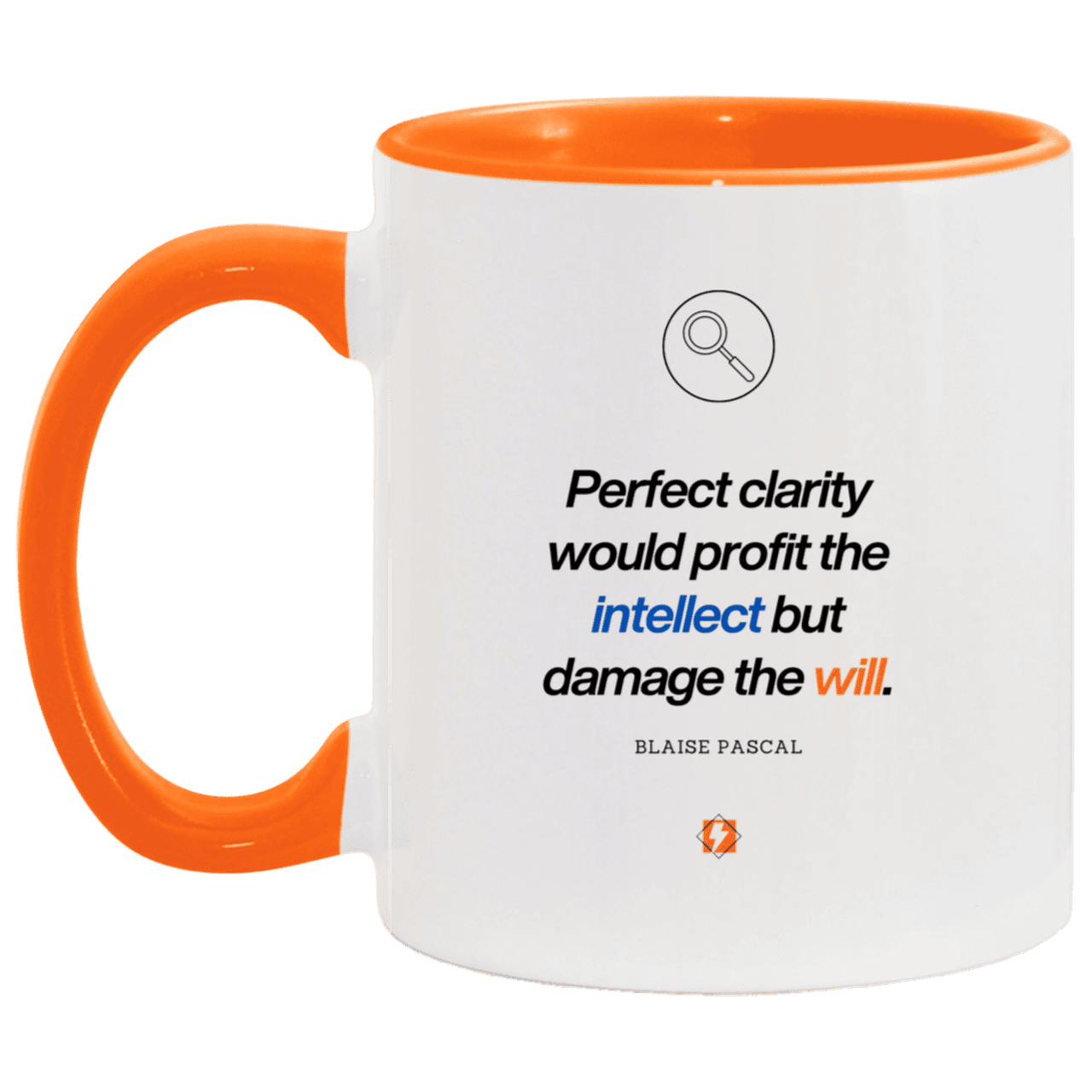 Ceramic Standard Mug 11oz with inspiring Pascal quote: BP109 - Clarity sometimes leads to inaction - Color: White/Orange