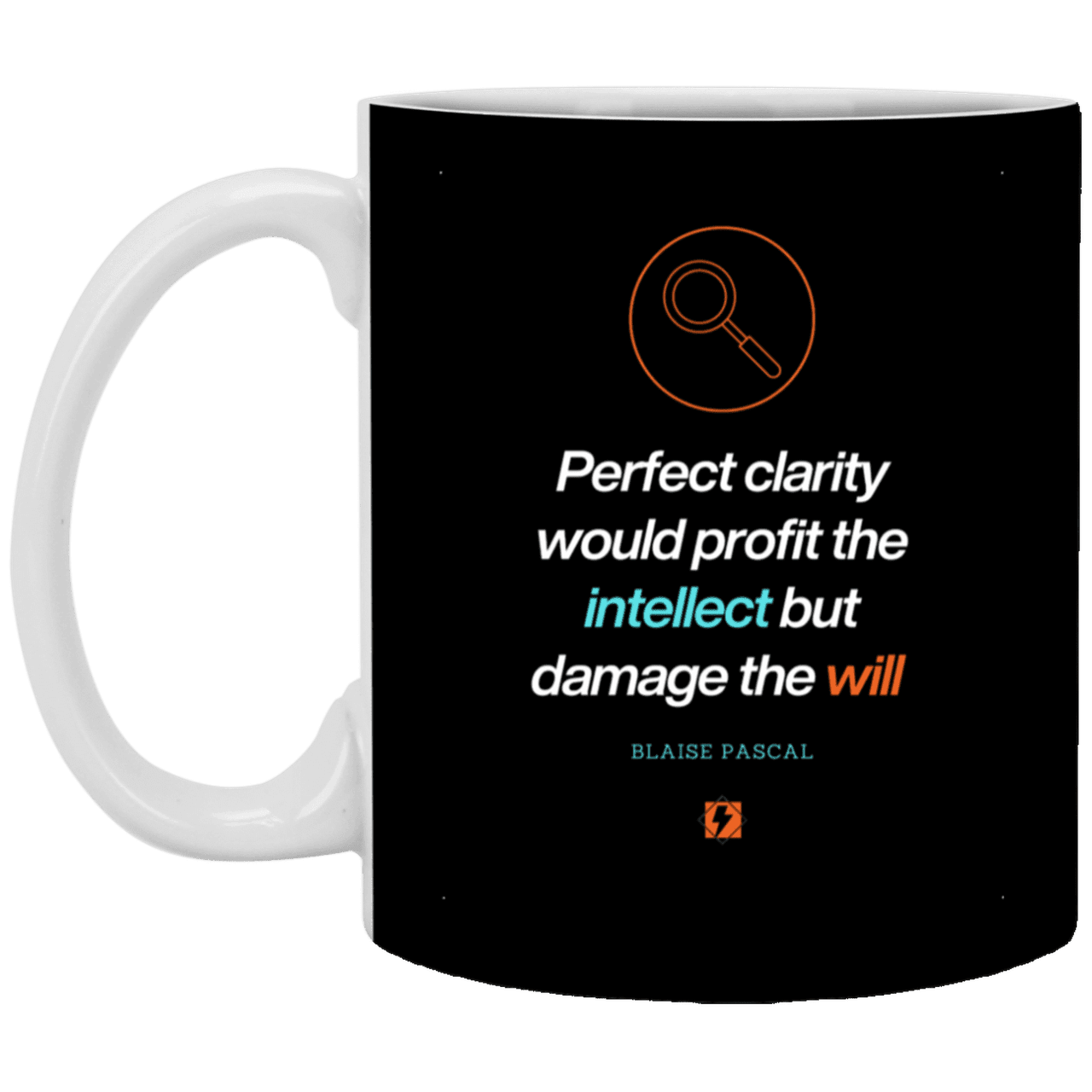 Ceramic Standard Mug 11oz with inspiring Pascal quote: BP109 - Clarity sometimes leads to inaction - Color: Black White