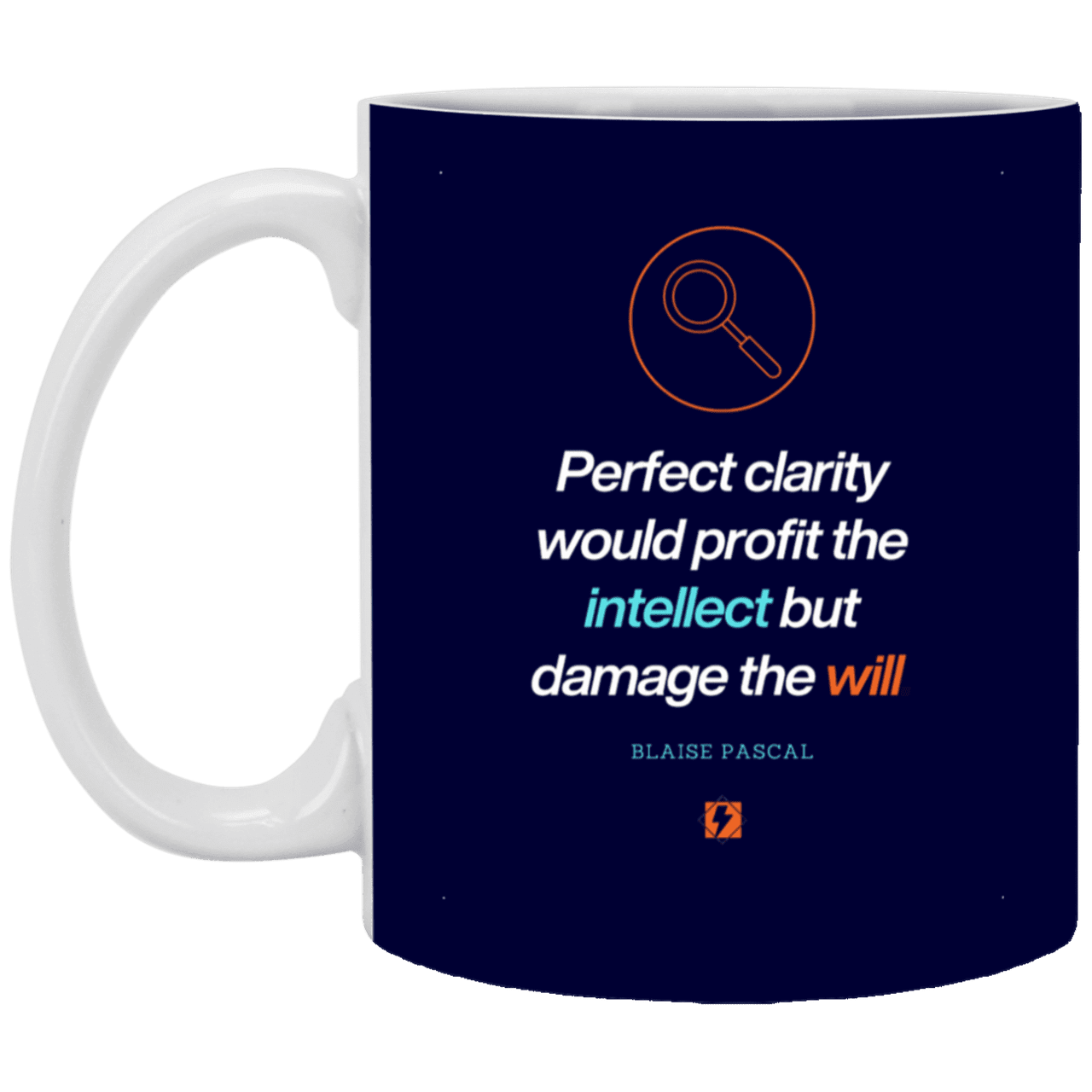 Ceramic Standard Mug 11oz with inspiring Pascal quote: BP109 - Clarity sometimes leads to inaction - Color: Navy