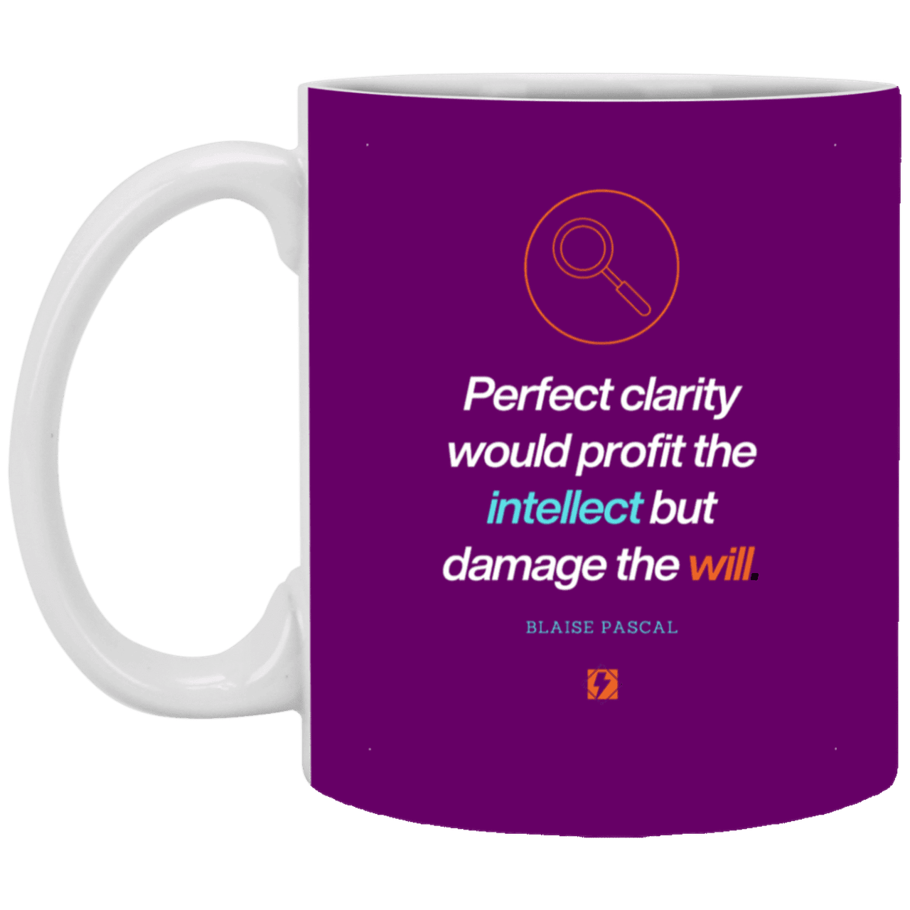 Ceramic Standard Mug 11oz with inspiring Pascal quote: BP109 - Clarity sometimes leads to inaction - Color: Purple