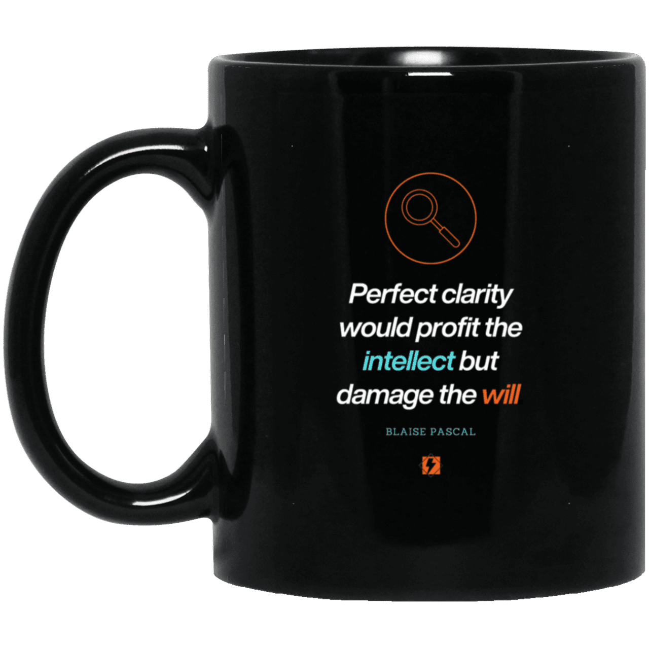 Ceramic Standard Mug 11oz with inspiring Pascal quote: BP109 - Clarity sometimes leads to inaction - Color: Plain Black