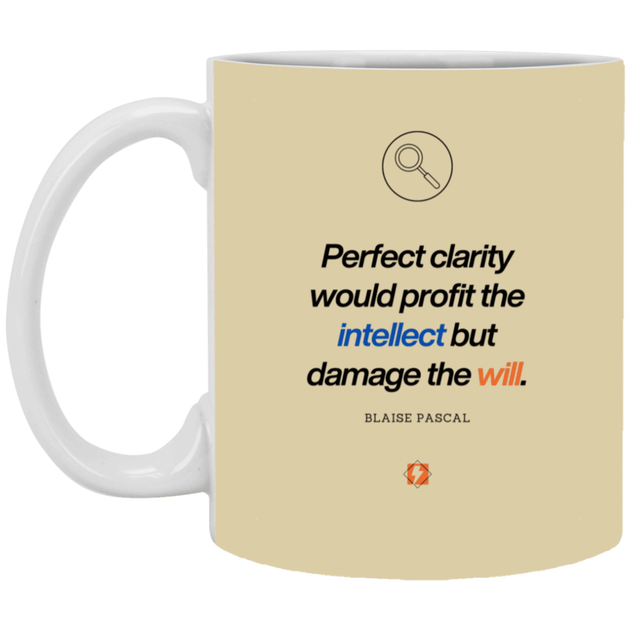 Ceramic Standard Mug 11oz with inspiring Pascal quote: BP109 - Clarity sometimes leads to inaction - Color: Tan