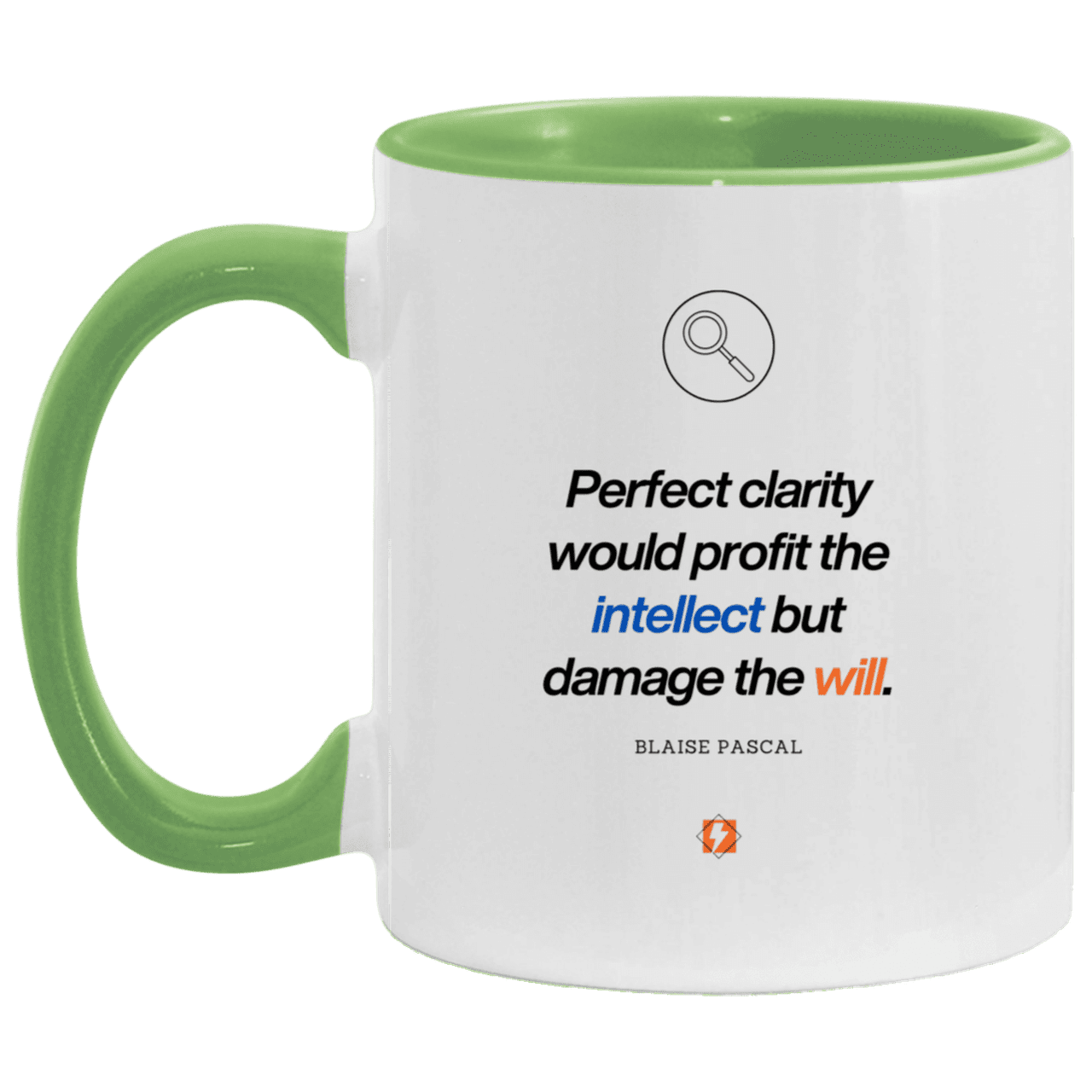 Ceramic Standard Mug 11oz with inspiring Pascal quote: BP109 - Clarity sometimes leads to inaction - Color: White/Light Green