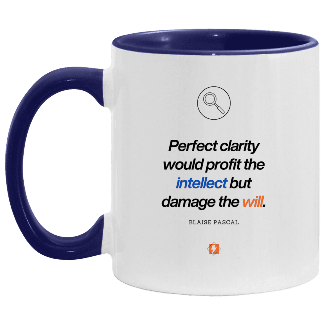 Ceramic Standard Mug 11oz with inspiring Pascal quote: BP109 - Clarity sometimes leads to inaction - Color: White/Midnight Blue