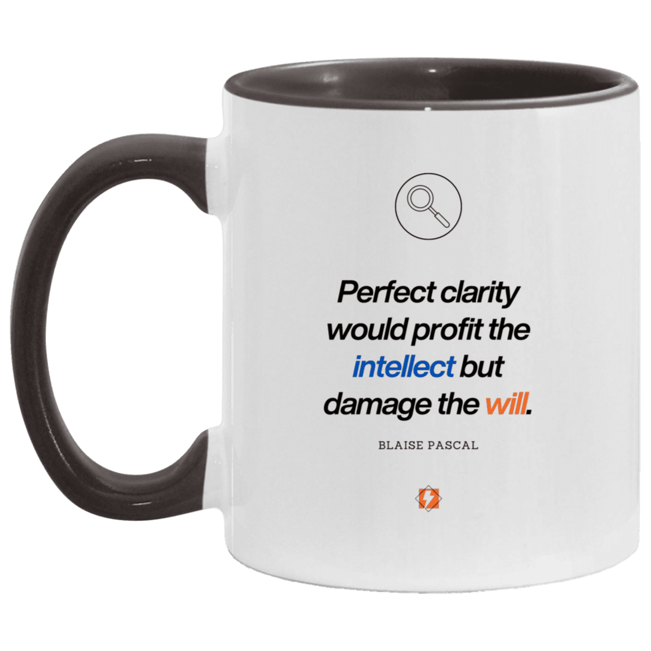 Ceramic Standard Mug 11oz with inspiring Pascal quote: BP109 - Clarity sometimes leads to inaction - Color: White/Black