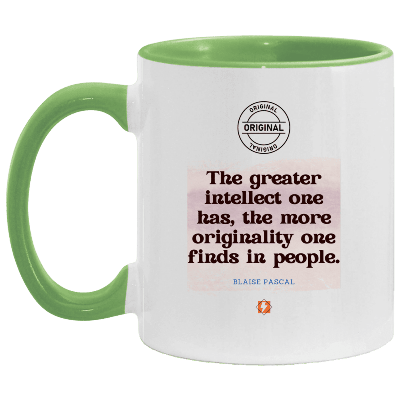 Ceramic Standard Mug 11oz with inspiring Pascal quote: BP111 - Intelligence is in perceiving originality - Color: White/Light Green