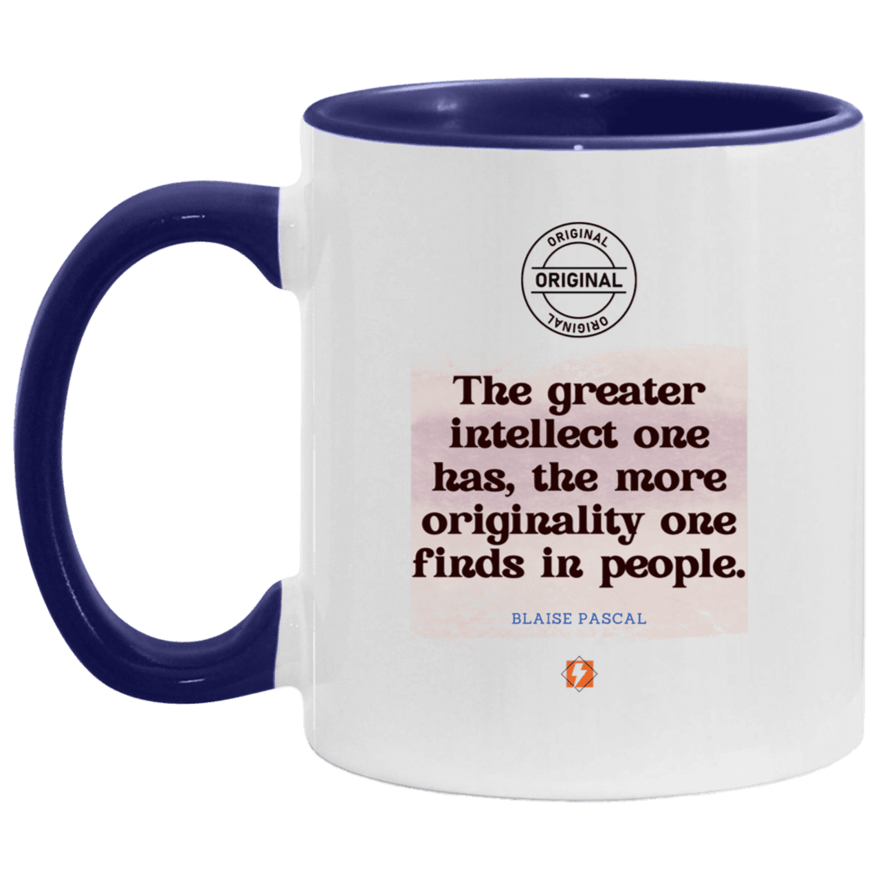 Ceramic Standard Mug 11oz with inspiring Pascal quote: BP111 - Intelligence is in perceiving originality - Color: White/Midnight Blue