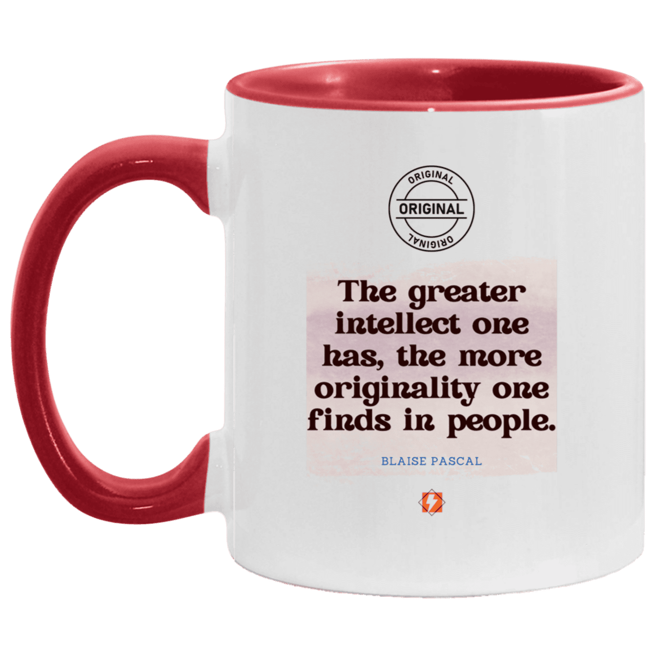 Ceramic Standard Mug 11oz with inspiring Pascal quote: BP111 - Intelligence is in perceiving originality - Color: White/Red