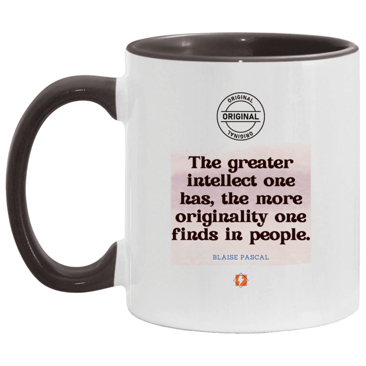 Ceramic Standard Mug 11oz with inspiring Pascal quote: BP111 - Intelligence is in perceiving originality - Color: White/Black