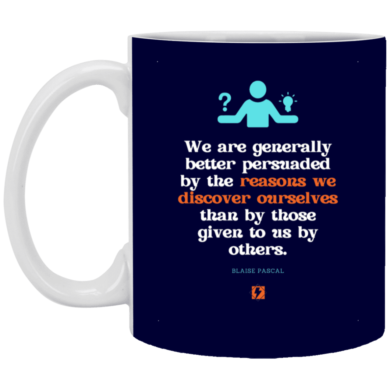 Ceramic Standard Mug 11oz with inspiring Pascal quote: BP115 - The path of persuation involves self-discovery - Color: Navy