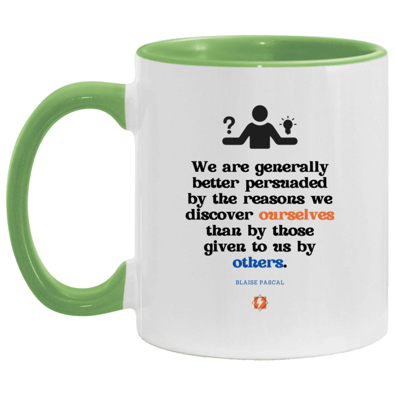 Ceramic Standard Mug 11oz with inspiring Pascal quote: BP115 - The path of persuation involves self-discovery - Color: White/Light Green