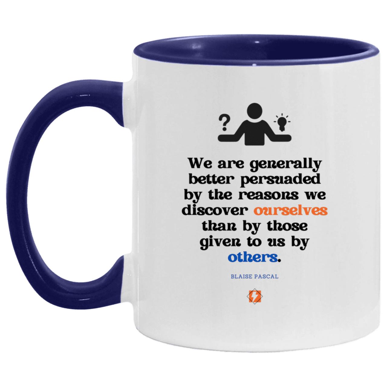 Ceramic Standard Mug 11oz with inspiring Pascal quote: BP115 - The path of persuation involves self-discovery - Color: White/Midnight Blue