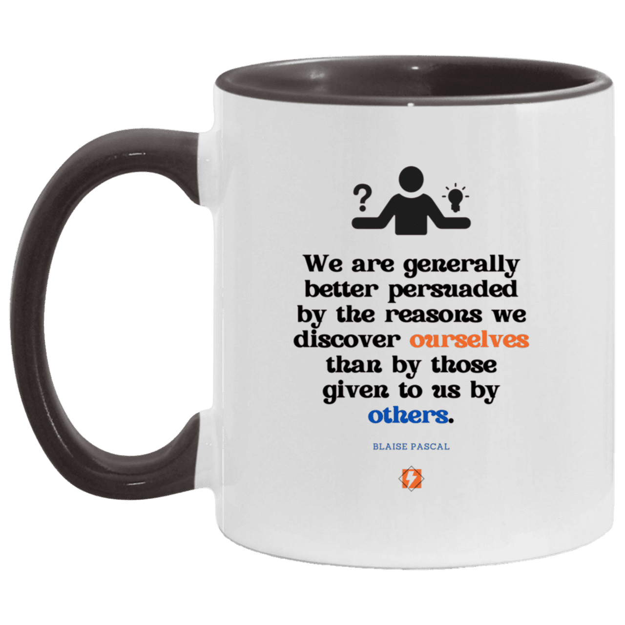 Ceramic Standard Mug 11oz with inspiring Pascal quote: BP115 - The path of persuation involves self-discovery - Color: White/Black