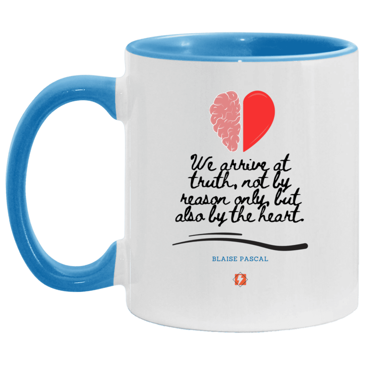 Ceramic Standard Mug 11oz with inspiring Pascal quote: BP116 - Truth requires both the head and the heart - Color: White/Light Blue