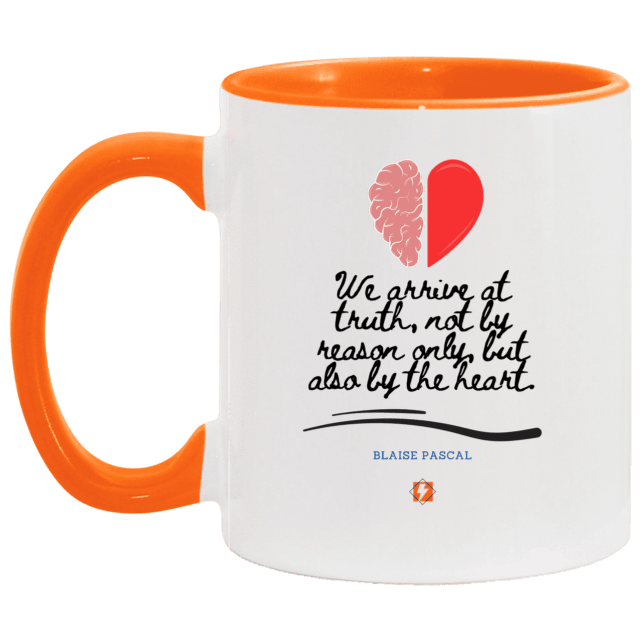 Ceramic Standard Mug 11oz with inspiring Pascal quote: BP116 - Truth requires both the head and the heart - Color: White/Orange