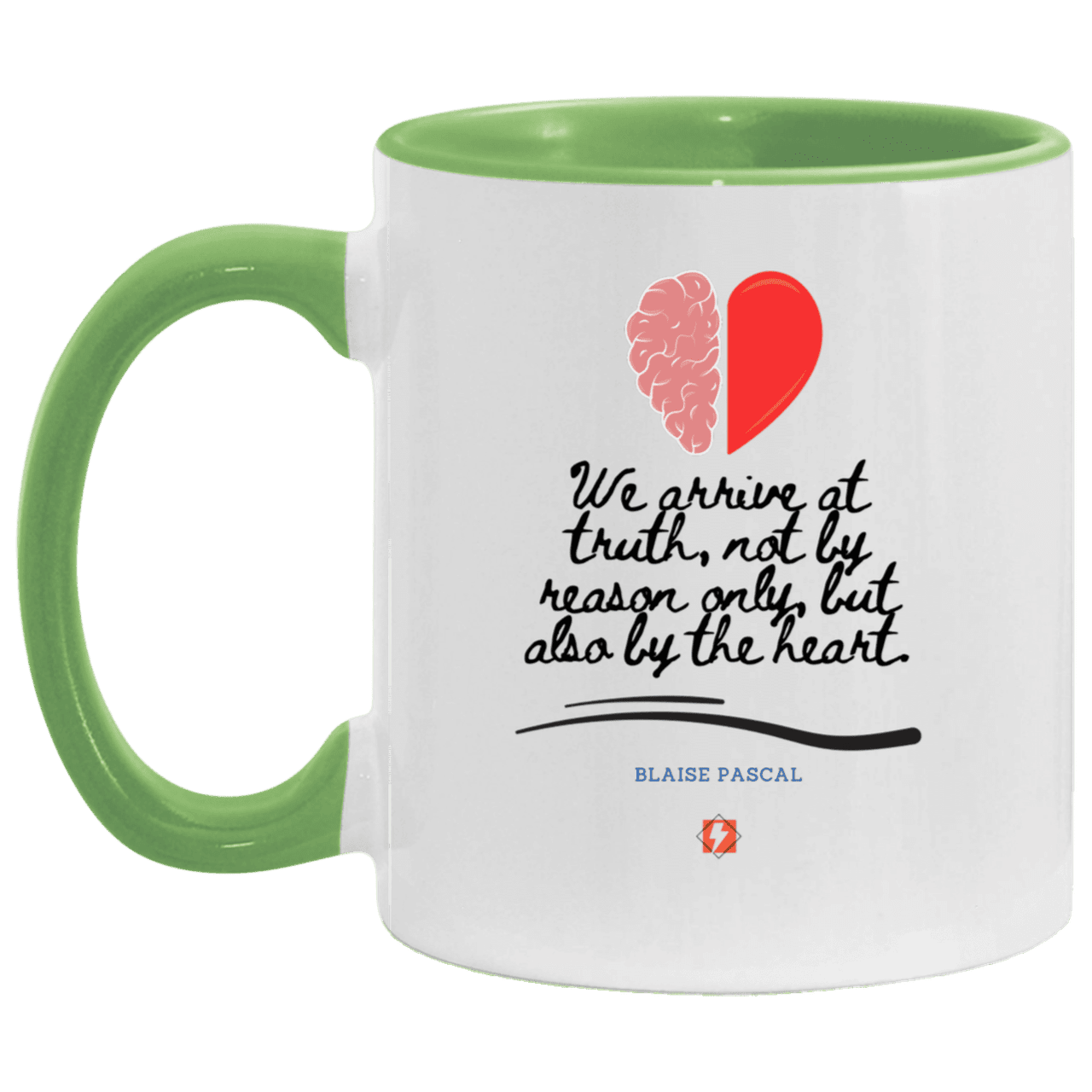 Ceramic Standard Mug 11oz with inspiring Pascal quote: BP116 - Truth requires both the head and the heart - Color: White/Light Green