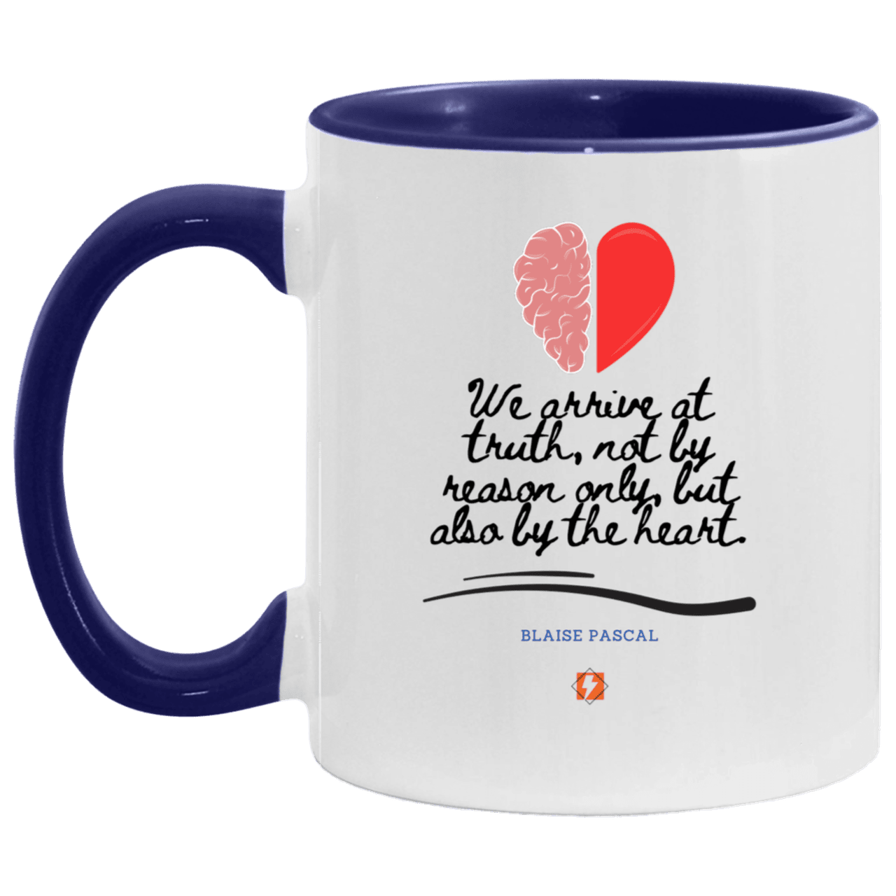 Ceramic Standard Mug 11oz with inspiring Pascal quote: BP116 - Truth requires both the head and the heart - Color: White/Midnight Blue