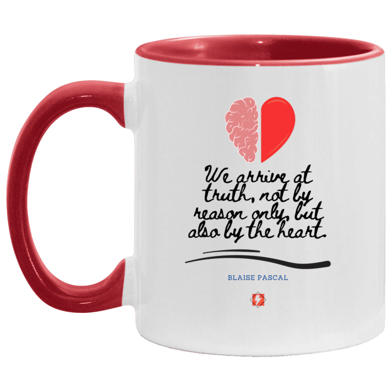 Ceramic Standard Mug 11oz with inspiring Pascal quote: BP116 - Truth requires both the head and the heart - Color: White/Red