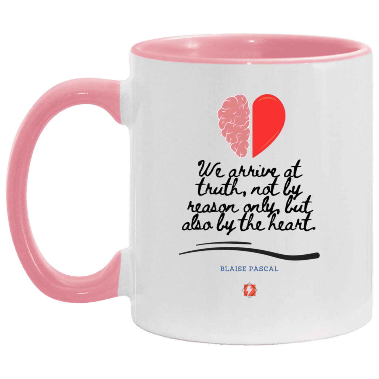 Ceramic Standard Mug 11oz with inspiring Pascal quote: BP116 - Truth requires both the head and the heart - Color: White/Pink