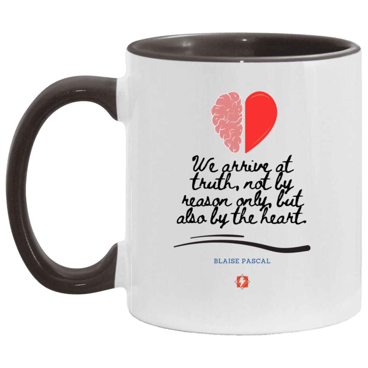 Ceramic Standard Mug 11oz with inspiring Pascal quote: BP116 - Truth requires both the head and the heart - Color: White/Black