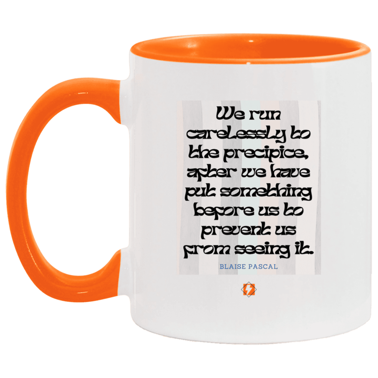 Ceramic Standard Mug 11oz with inspiring Pascal quote: BP117 - Making assumptions carry risks - Color: White/Orange