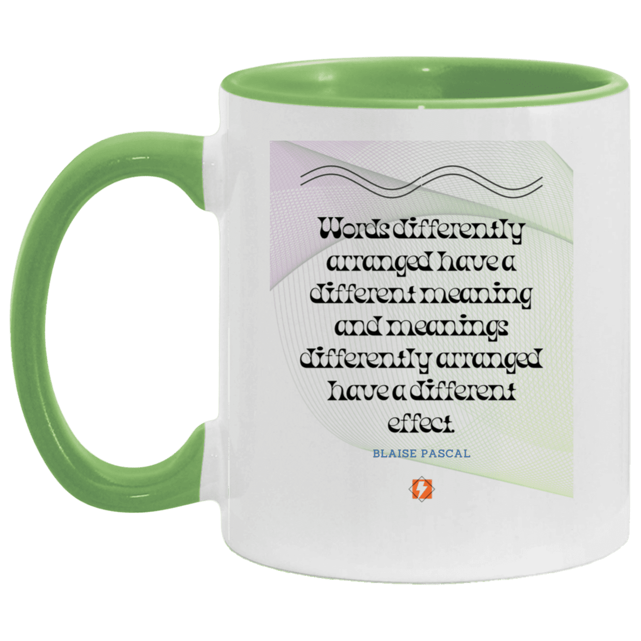 Ceramic Standard Mug 11oz with inspiring Pascal quote: BP119 - Be careful with words - Color: White/Light Green