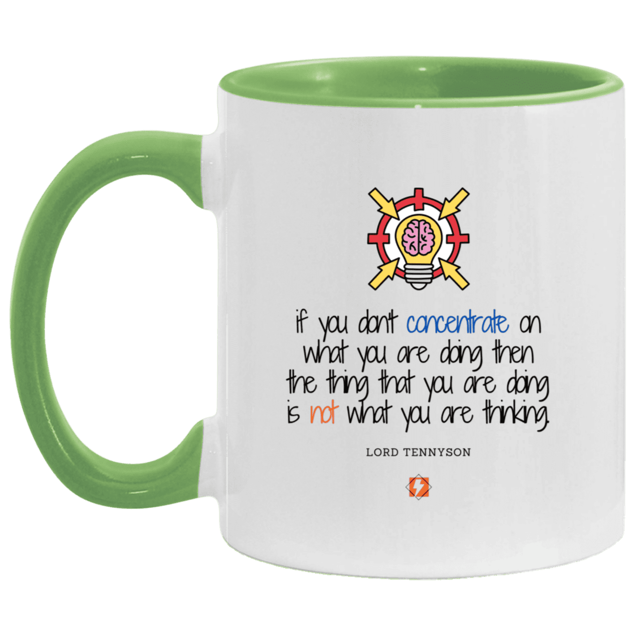 Ceramic Standard Mug 11oz with inspiring Tennyson quote: LT105 - Concentrate on your task - Color: White/Light Green