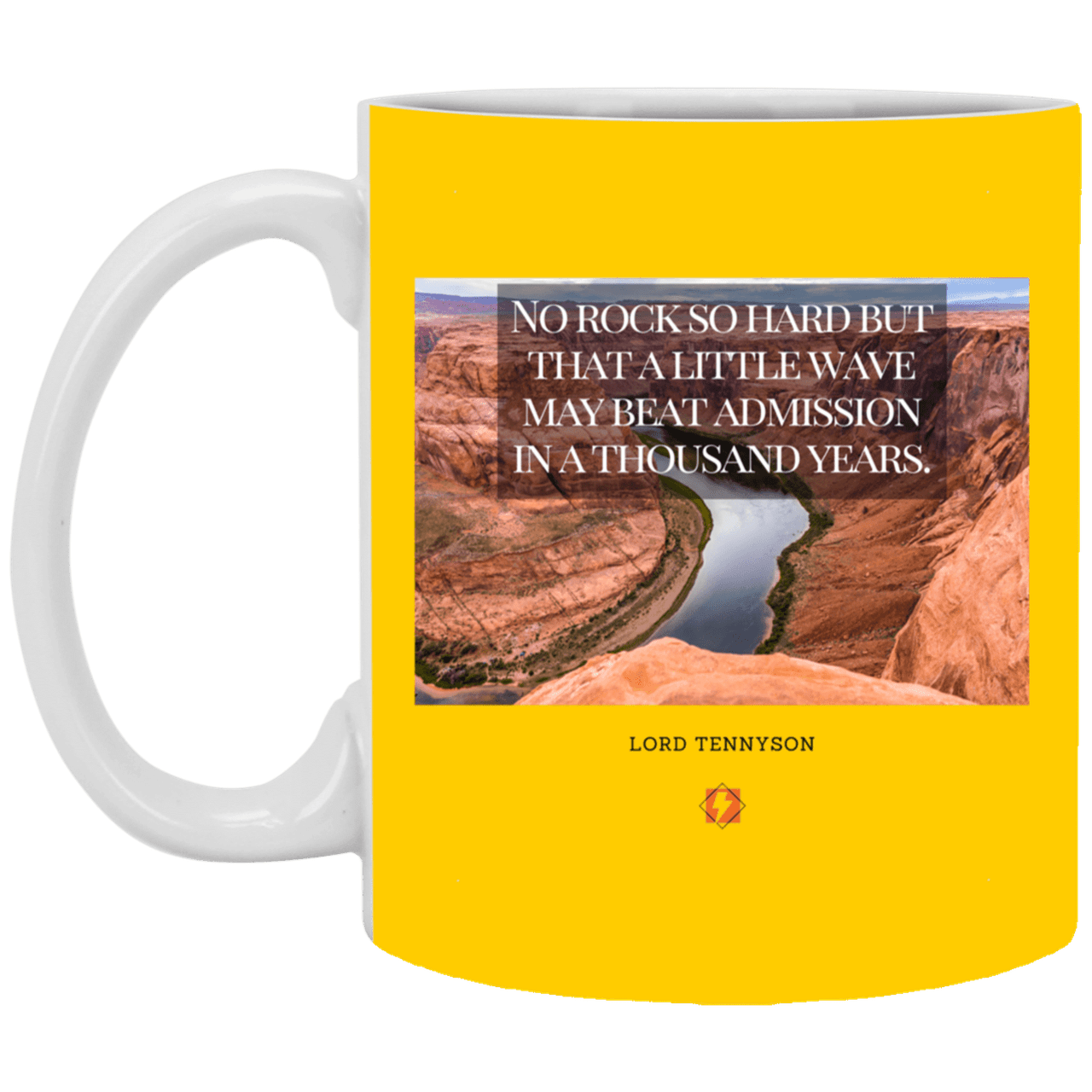 Ceramic Standard Mug 11oz with inspiring Tennyson quote: LT112 - In time, water beats rocks into submission - Color: Athletic Gold Purple