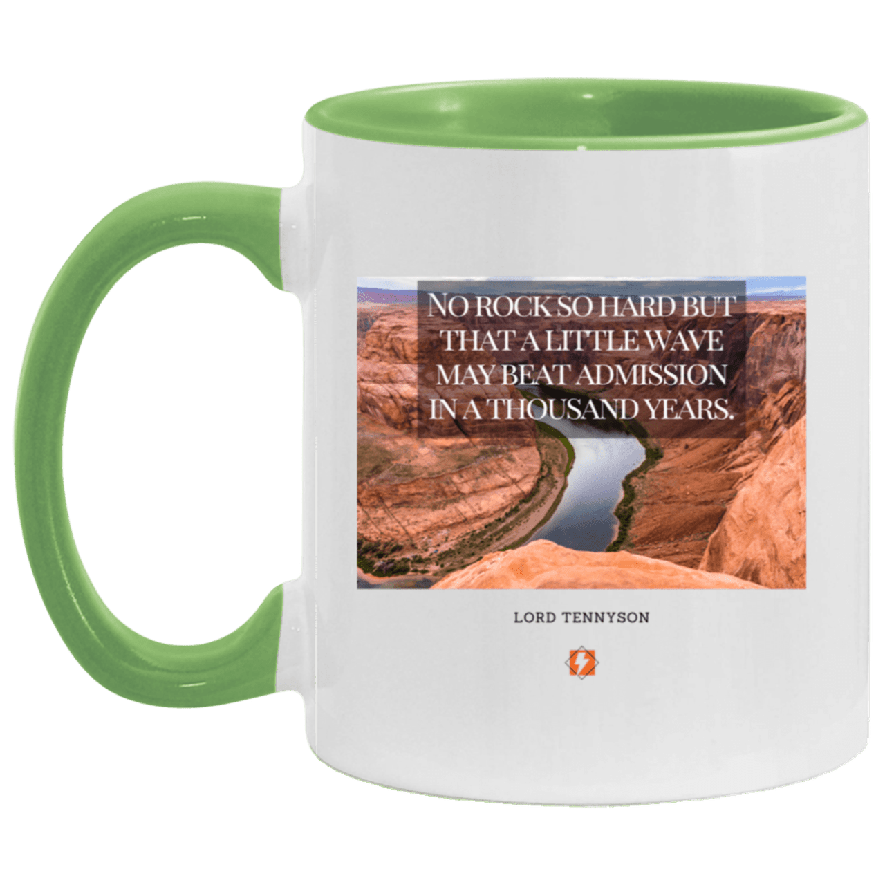 Ceramic Standard Mug 11oz with inspiring Tennyson quote: LT112 - In time, water beats rocks into submission - Color: White/Light Green Black White