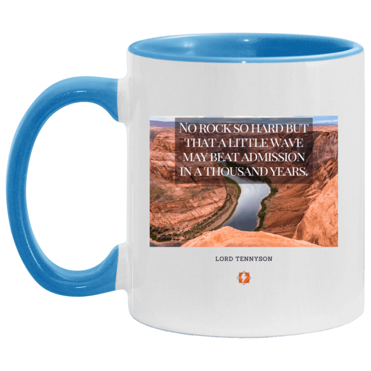 Ceramic Standard Mug 11oz with inspiring Tennyson quote: LT112 - In time, water beats rocks into submission - Color: Forest White/Light Blue