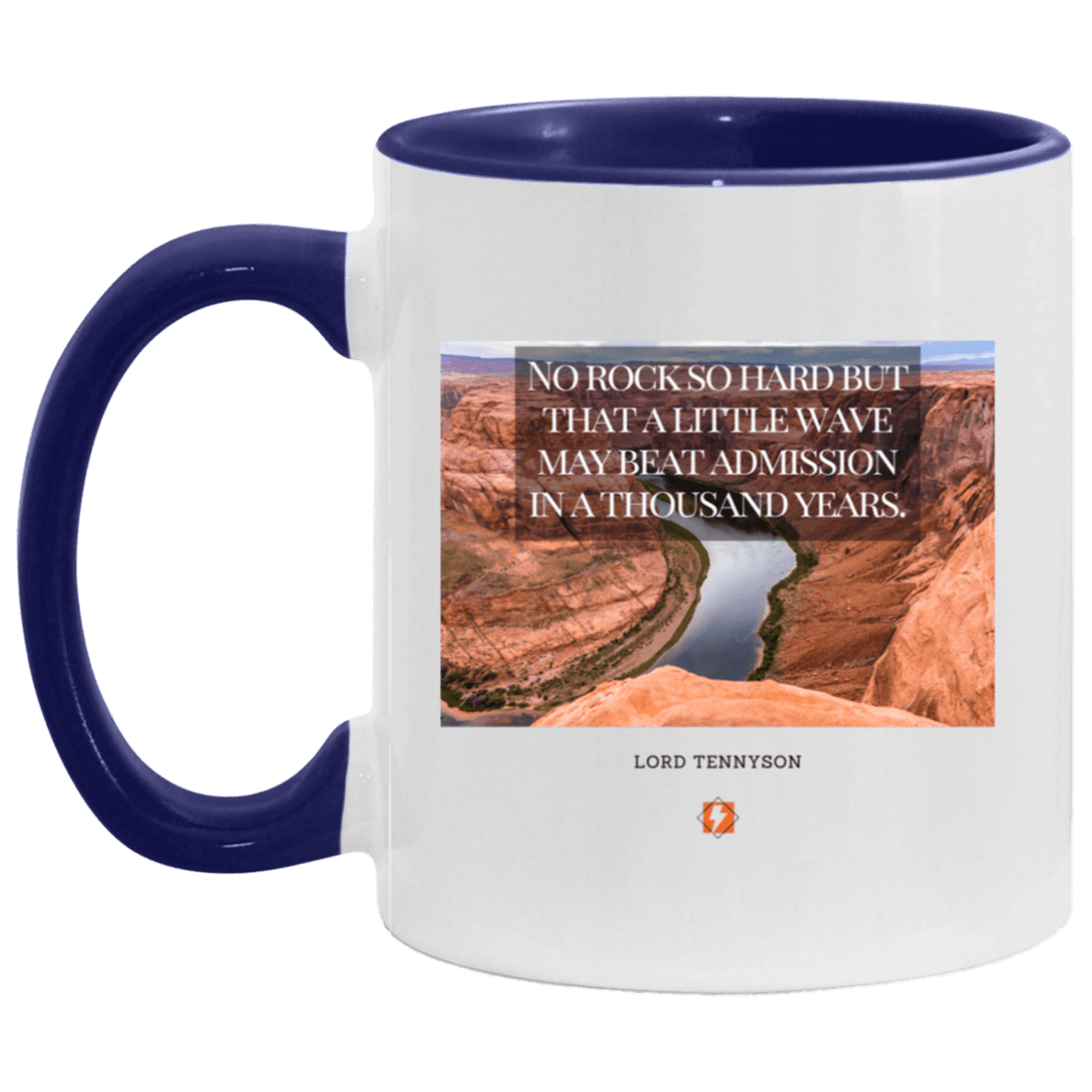 Ceramic Standard Mug 11oz with inspiring Tennyson quote: LT112 - In time, water beats rocks into submission - Color: Plain Black White/Midnight Blue