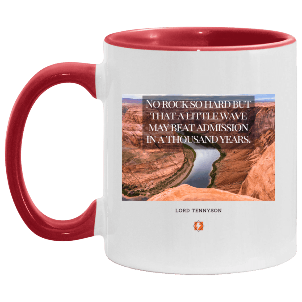 Ceramic Standard Mug 11oz with inspiring Tennyson quote: LT112 - In time, water beats rocks into submission - Color: White/Red