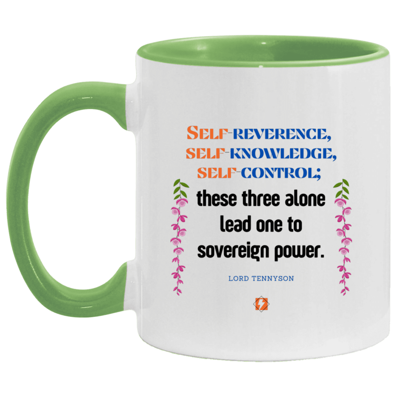 Ceramic Standard Mug 11oz with inspiring Tennyson quote: LT113 - Self knowledge leads to power - Color: White/Light Green