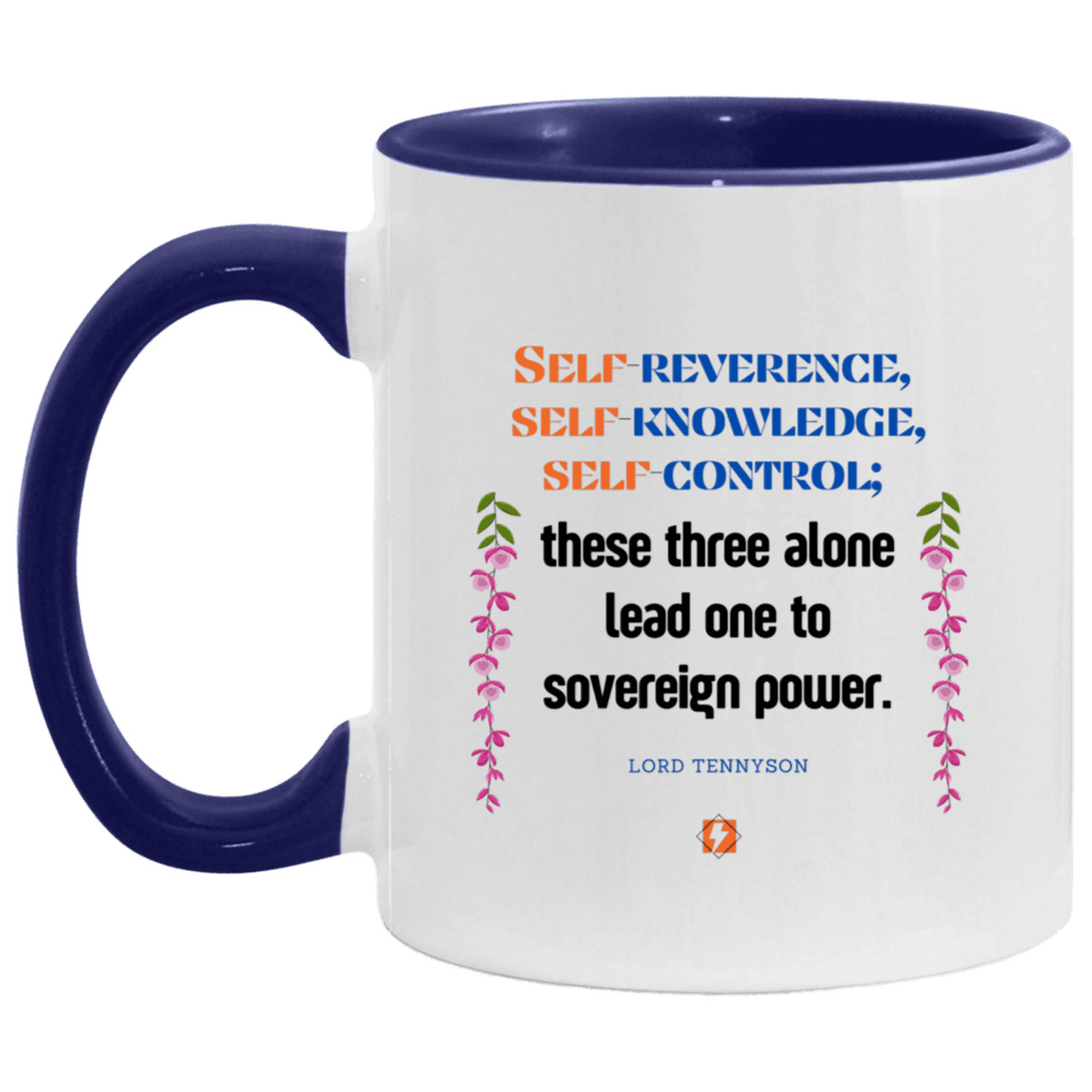 Ceramic Standard Mug 11oz with inspiring Tennyson quote: LT113 - Self knowledge leads to power - Color: White/Midnight Blue