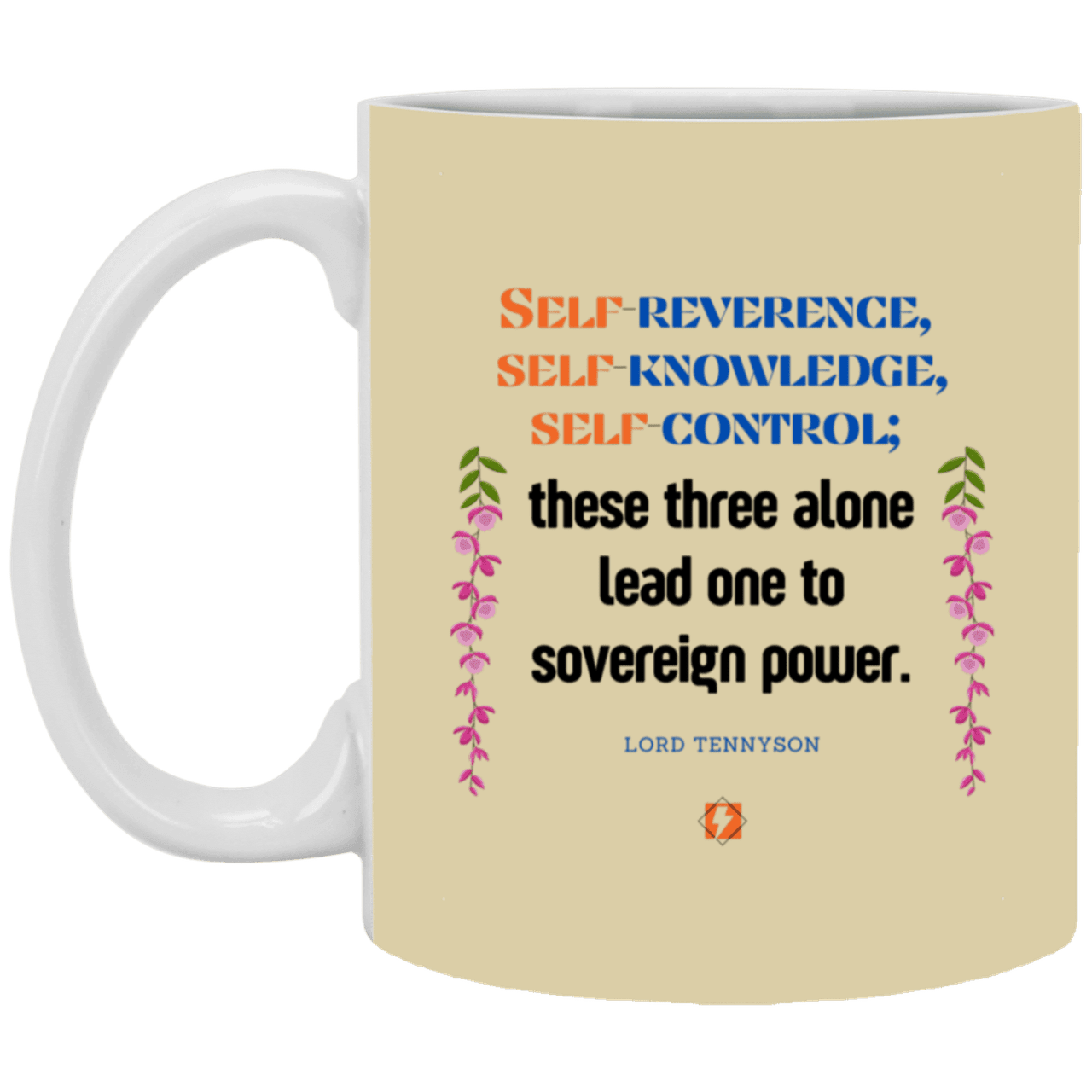 Ceramic Standard Mug 11oz with inspiring Tennyson quote: LT113 - Self knowledge leads to power - Color: Tan Maroon